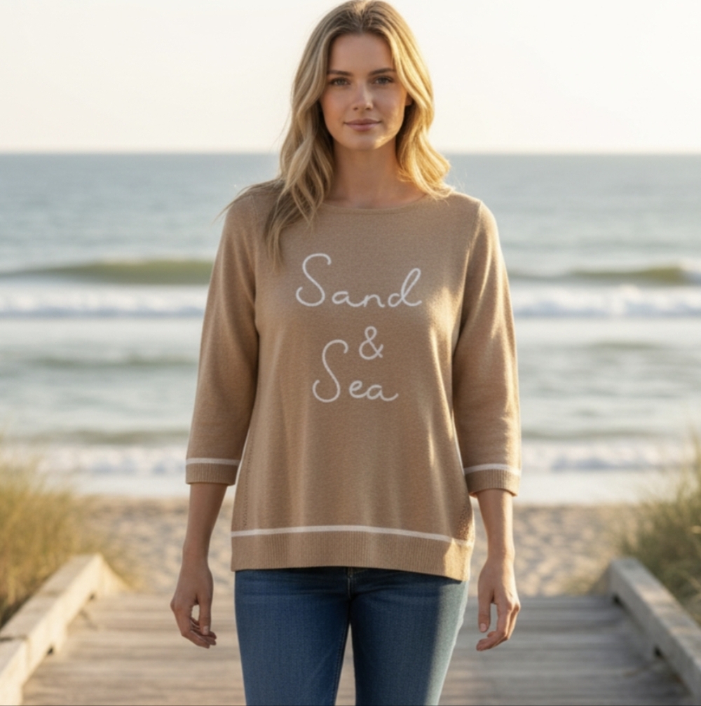 J Jill Tan Sweater with 'Sand & Sea' Text